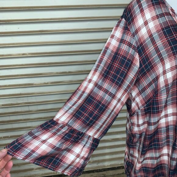 Cosmo Blu plaid tie v neck top with bell cuff - Picture 5 of 8
